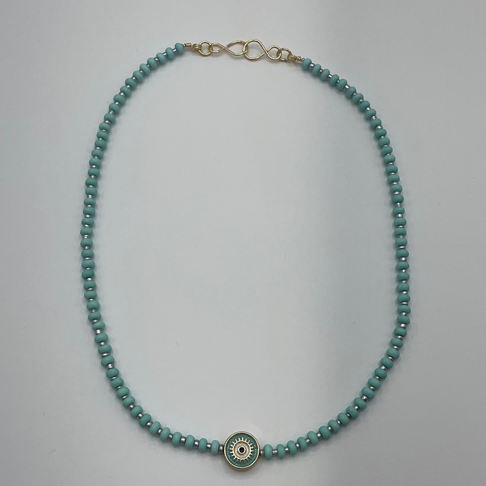 Handmade Elegant Turquoise Beaded Elastic Necklace, Gold Charm with Gold Clasp